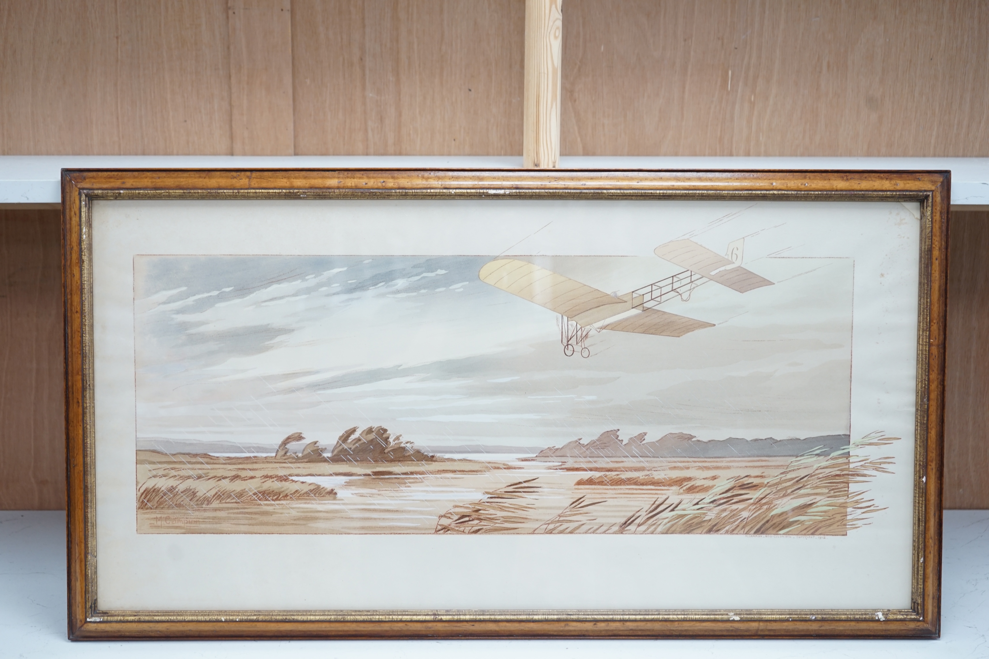 After M. Campion, pochoir colour print, Edwardian bi-plane, copyright 1912, 43 x 86cm. Condition - fair, discolouration and foxing